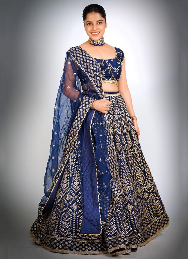 Sattin Silk Blue Wedding Wear Gotta Patti Work Lehenga Choli